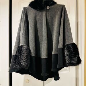 Parkhurst Charcoal and Black Poncho with Faux Fur Trim